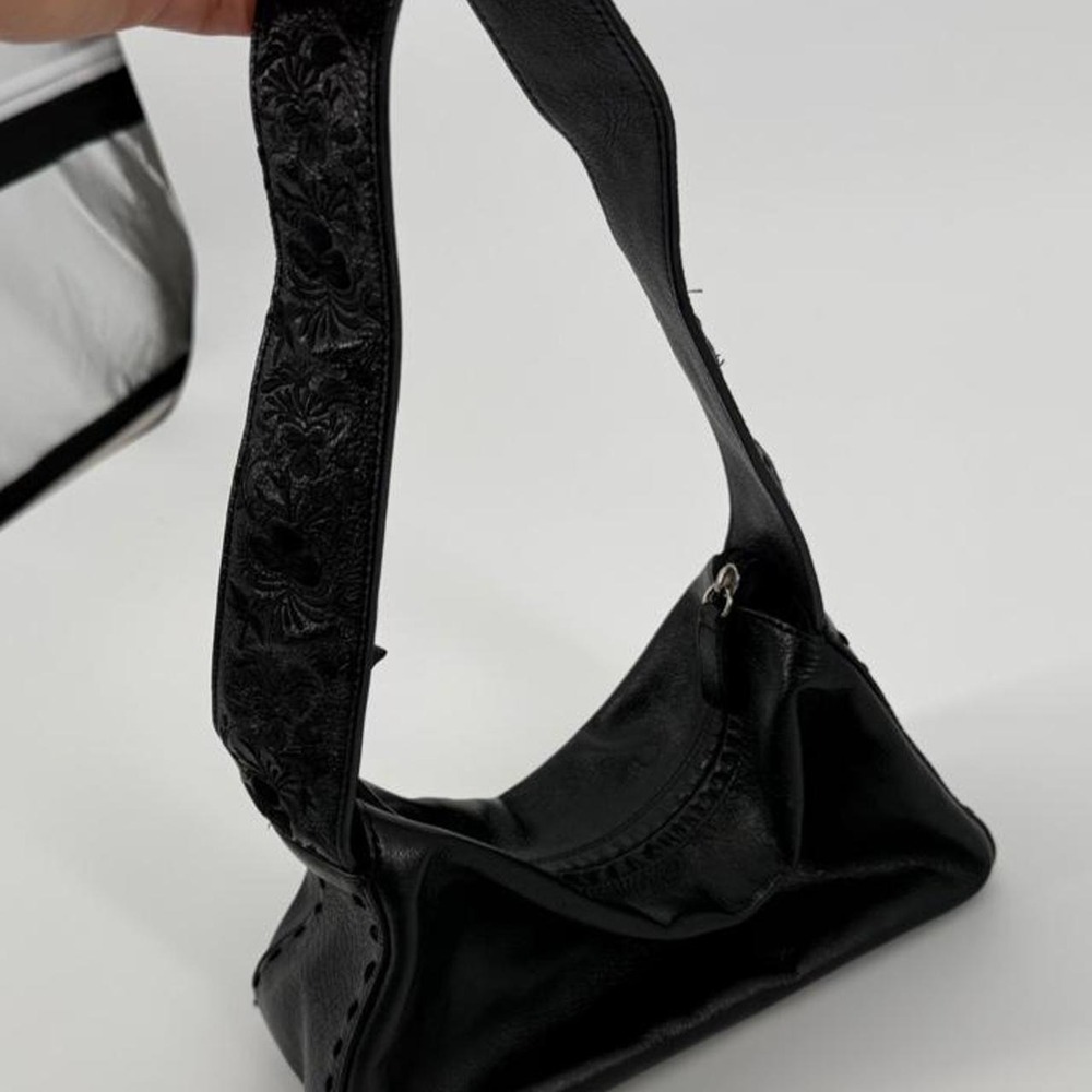 Express Black Genuine Leather Embroidered Strap Hobo Shoulder Bag Handbag